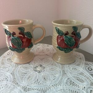 Vintage 3D Glazed Apples  Motif Two Pedestal Mugs Stoneware farmhouse cottage